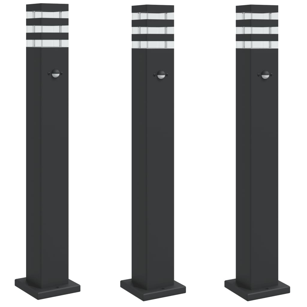 Lampade Terra per Esterni con Sensori 3pz Nere 80cm Alluminio