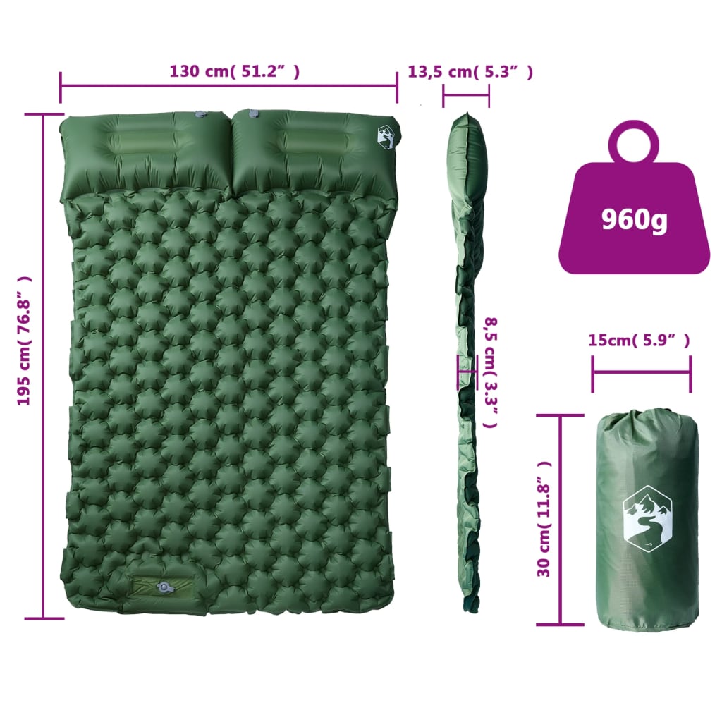 Materasso Campeggio Autogonfiabile con Cuscini 2 Persone Verde