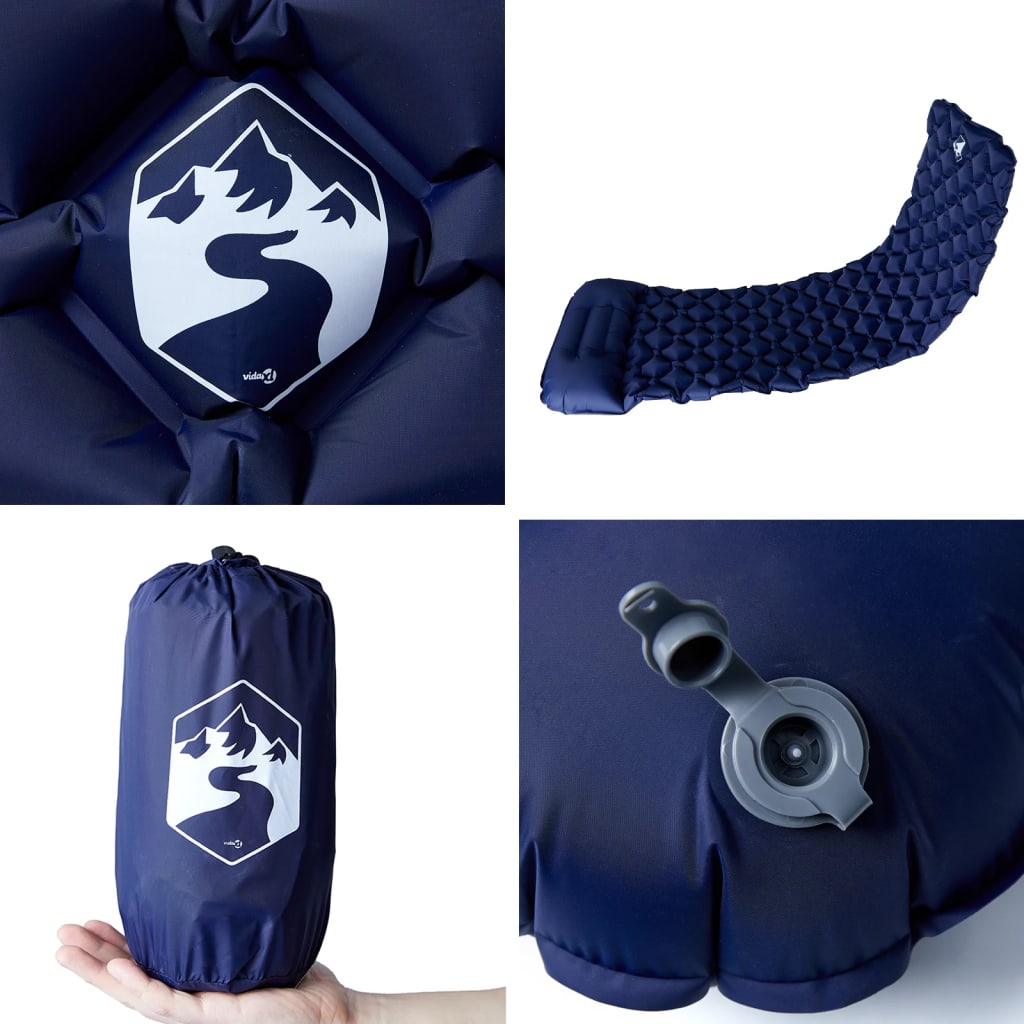 Materasso Campeggio Gonfiabile con Cuscino 1 Persona Blu Marino