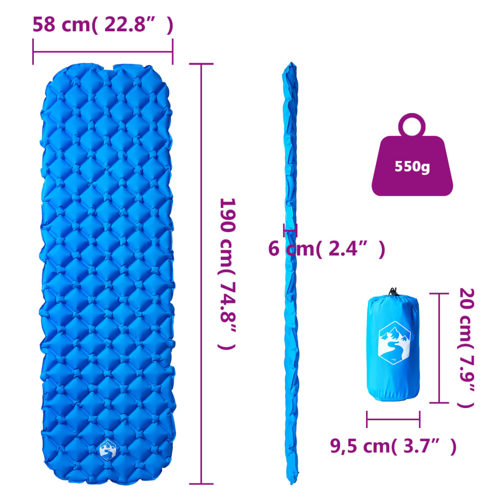 Materasso Campeggio Gonfiabile 1 Persona Blu Marino 190x58x6 cm