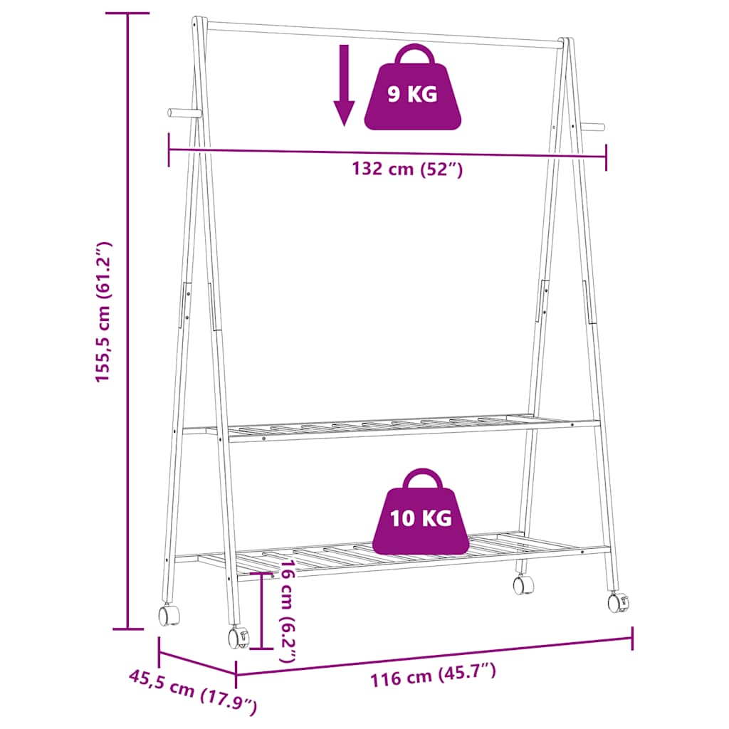 Appendiabiti con Ripiani e Ruote 132x45,5x155,5 cm in Bambù