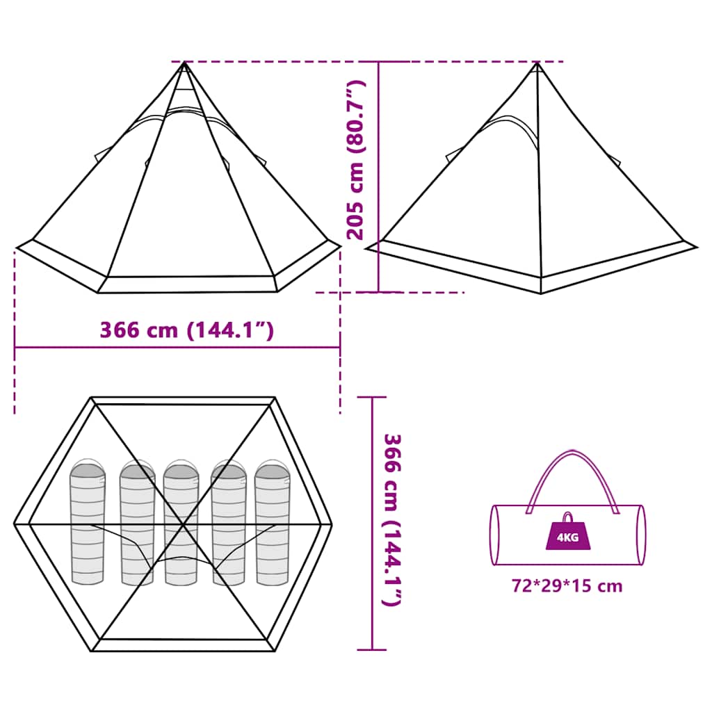 Tenda da Campeggio Tipi per 5 Persone Verde Impermeabile