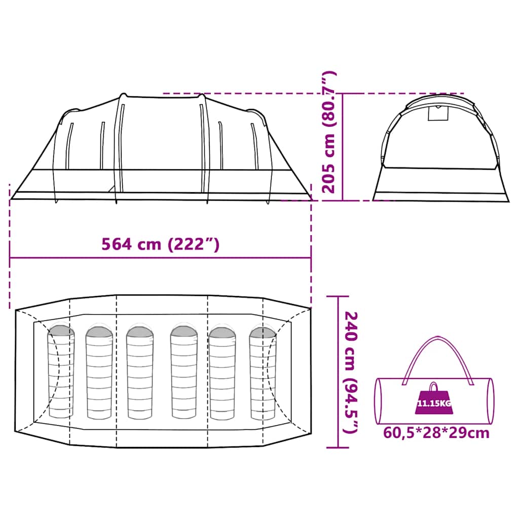 Tenda Familiare a Tunnel per 6 Persone Grigia Impermeabile