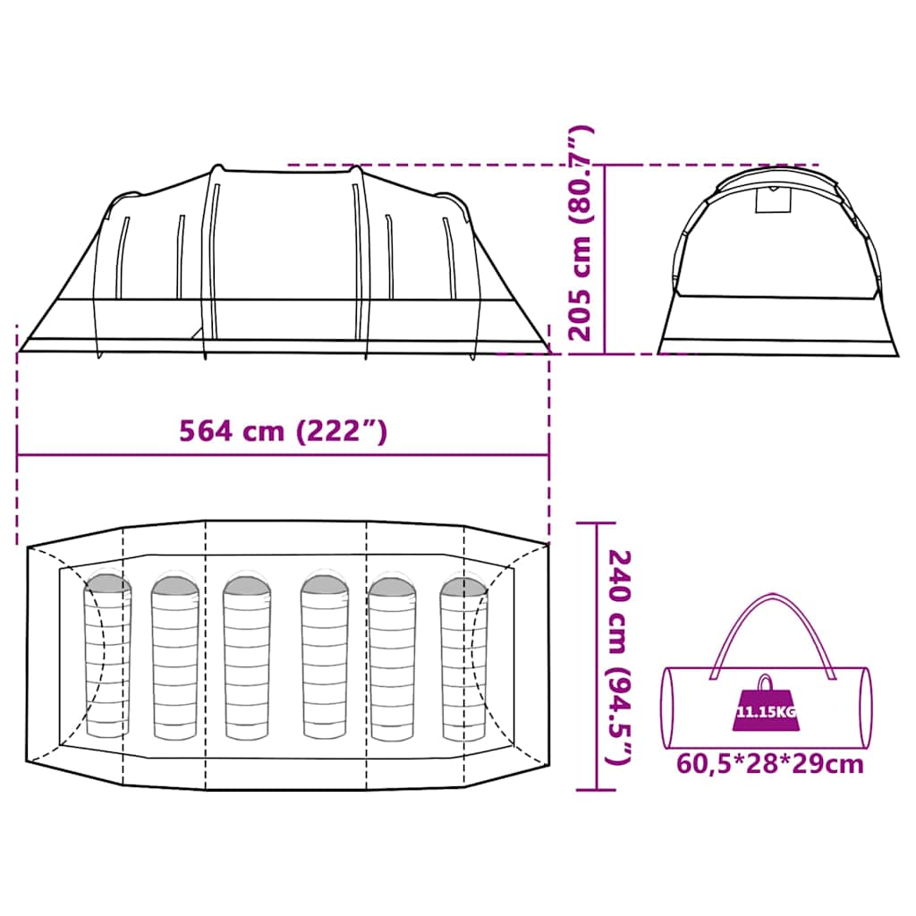 Tenda Familiare a Tunnel per 6 Persone Marrone Impermeabile