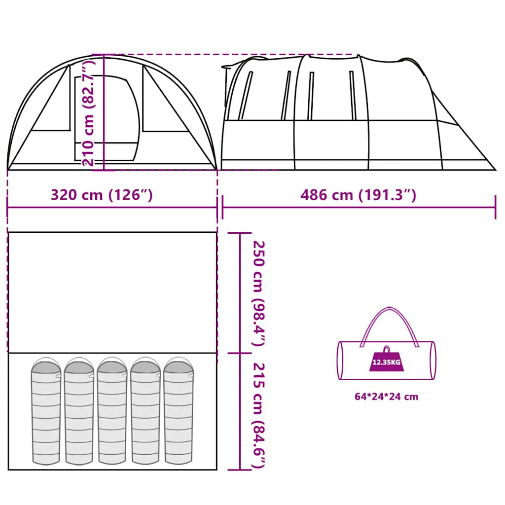 Tenda da Campeggio a Tunnel per 5 Persone Verde Impermeabile