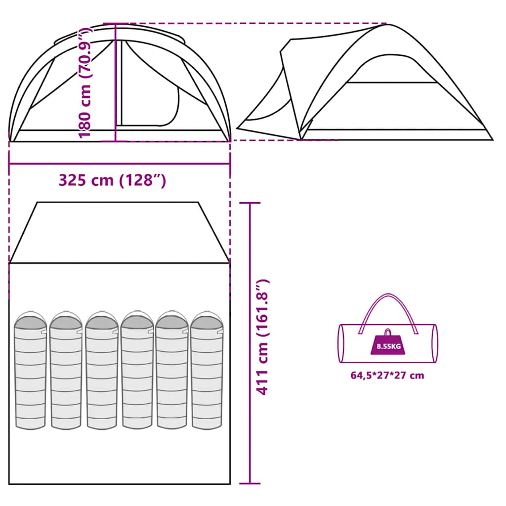 Tenda Familiare a Tunnel per 6 Persone Verde Impermeabile