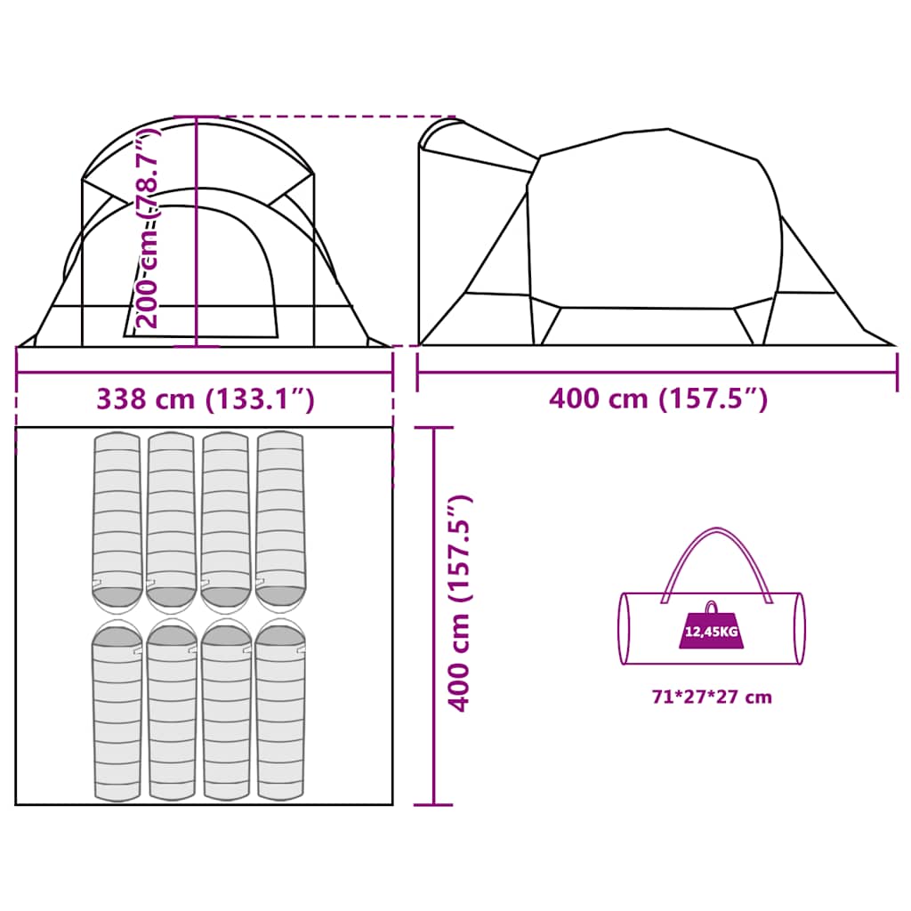 Tenda Familiare a Tunnel per 8 Persone Verde Impermeabile