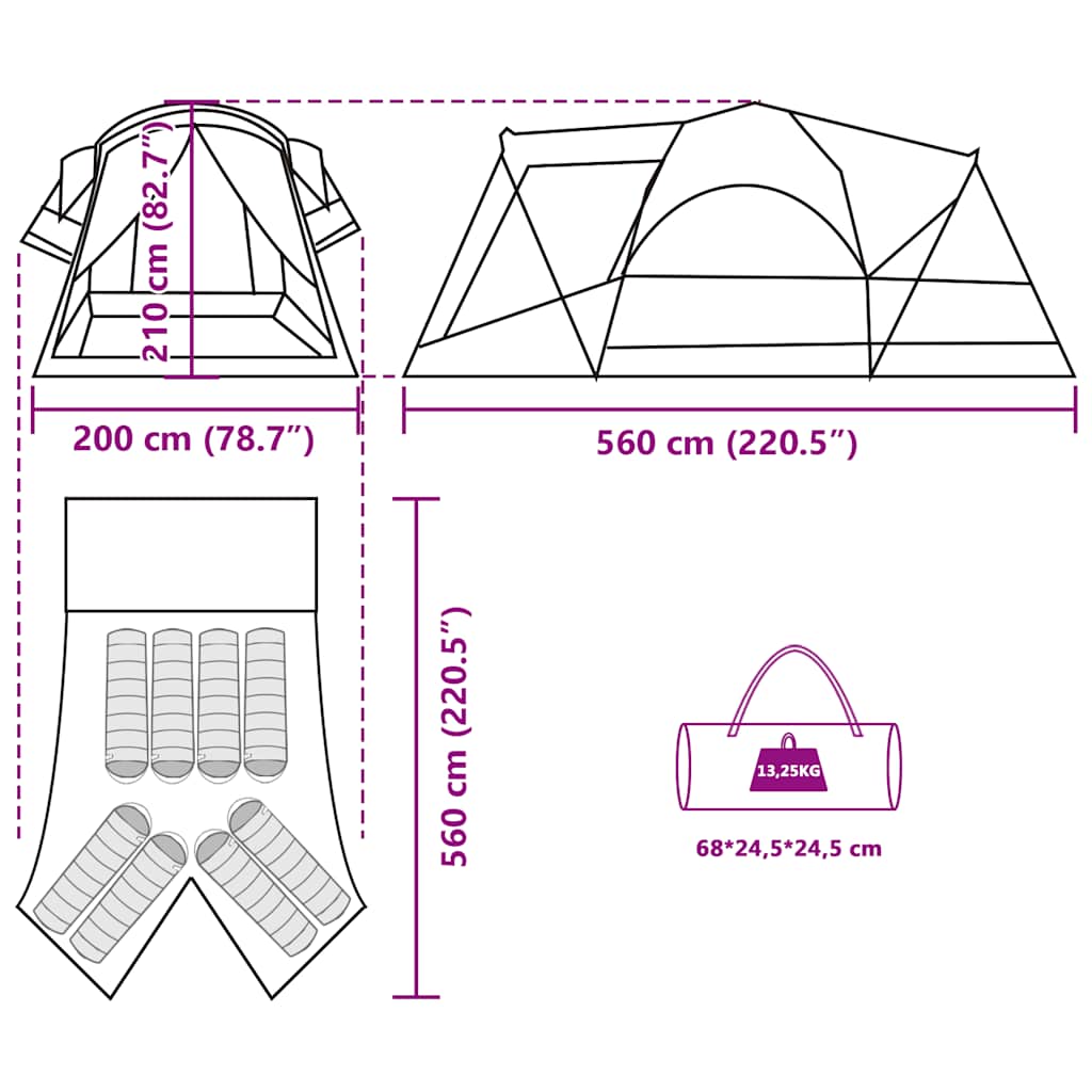 Tenda Familiare a Tunnel per 8 Persone Verde Impermeabile