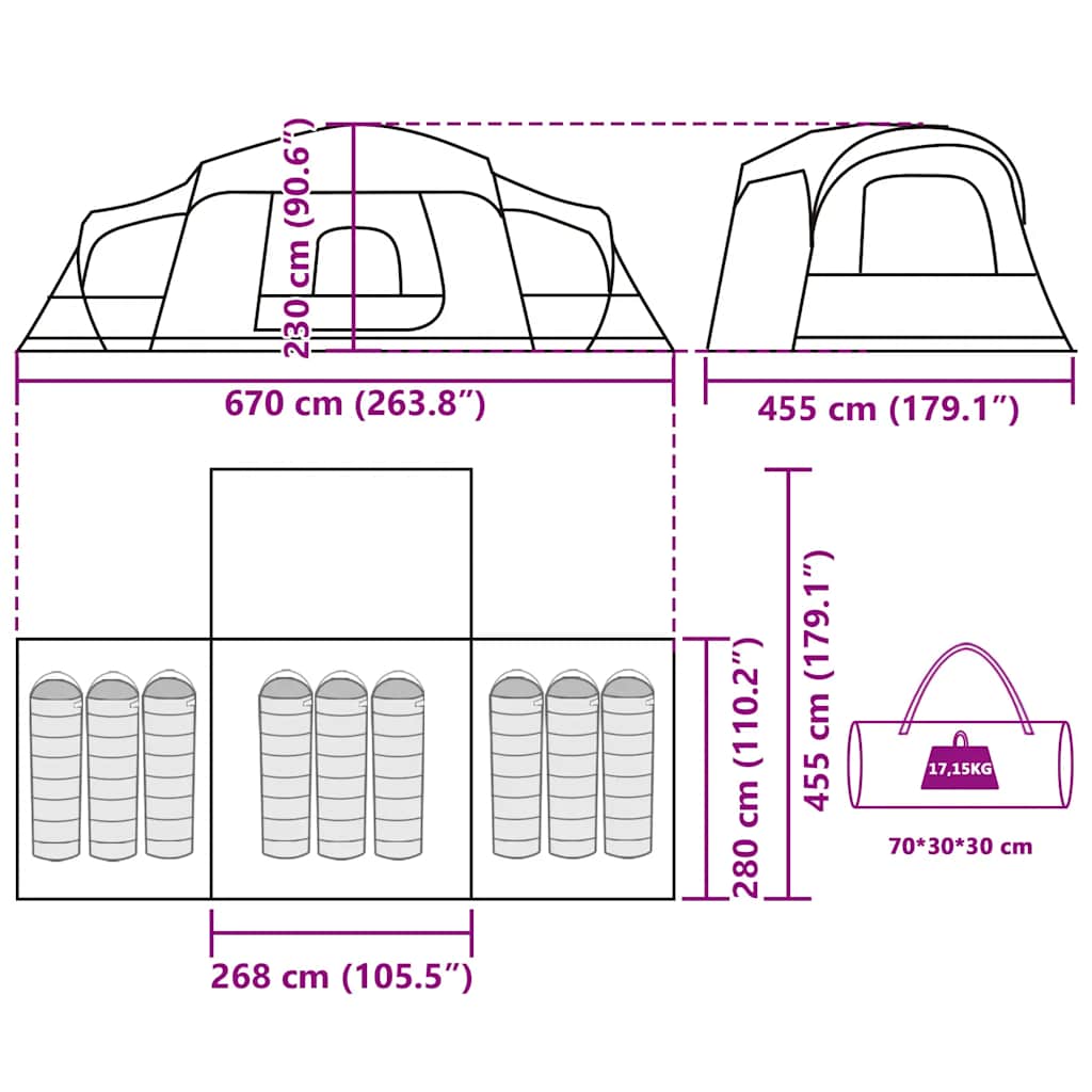 Tenda da Campeggio con Portico a Cupola 9 Persone Impermeabile