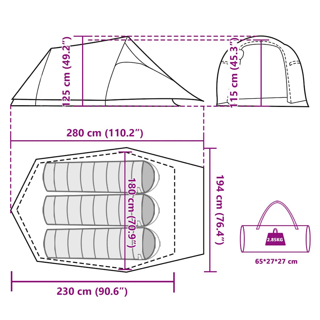 Tenda da Campeggio a Tunnel per 3 Persone Mimetico Impermeabile