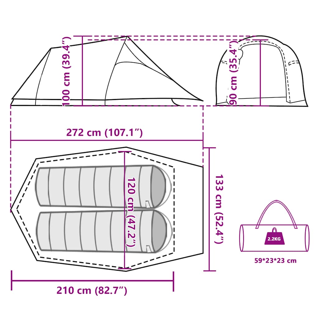 Tenda da Campeggio a Tunnel per 2 Persone Mimetico Impermeabile