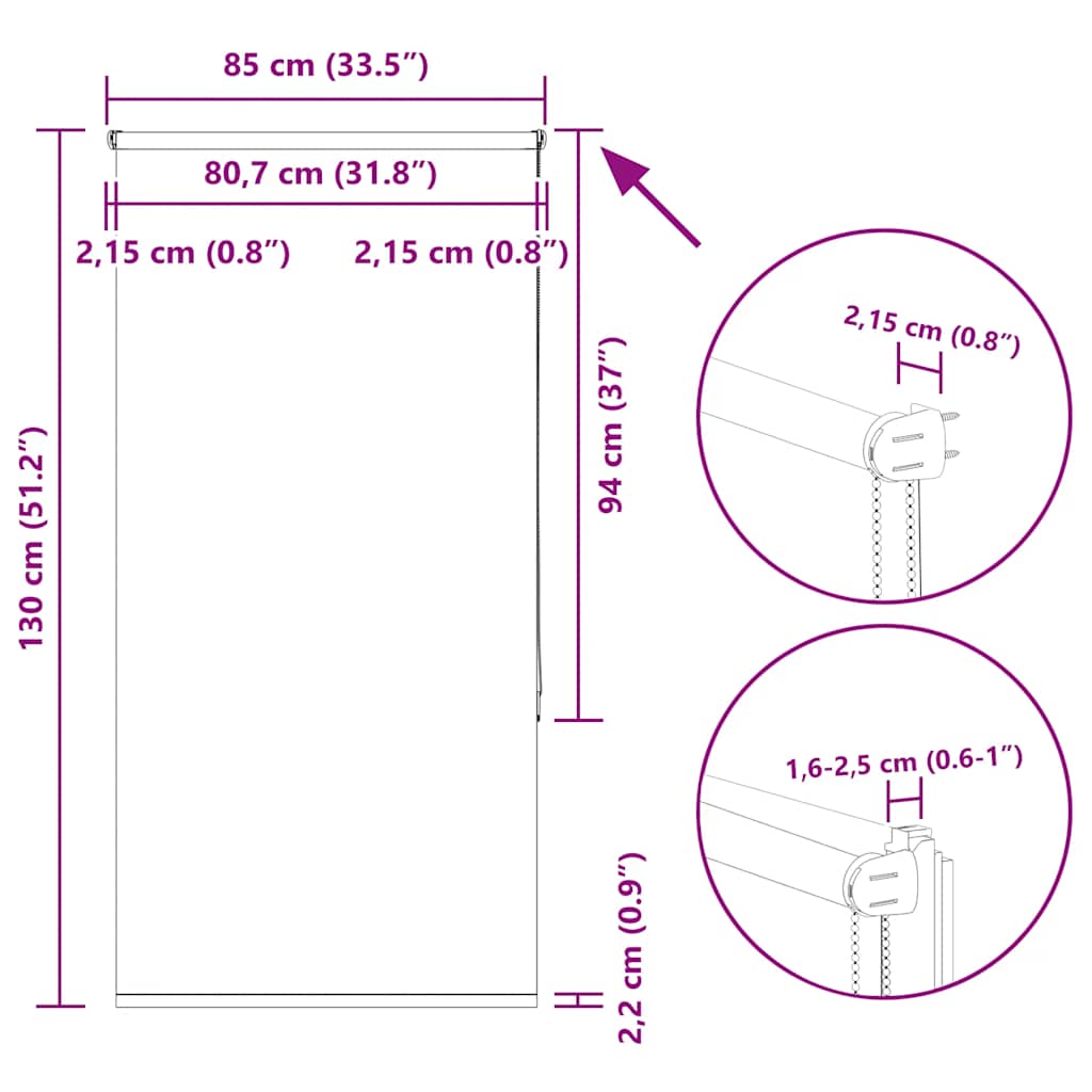 Tenda a Rullo Oscurante 85x130 cm Larghezza Tessuto 80,7 cm