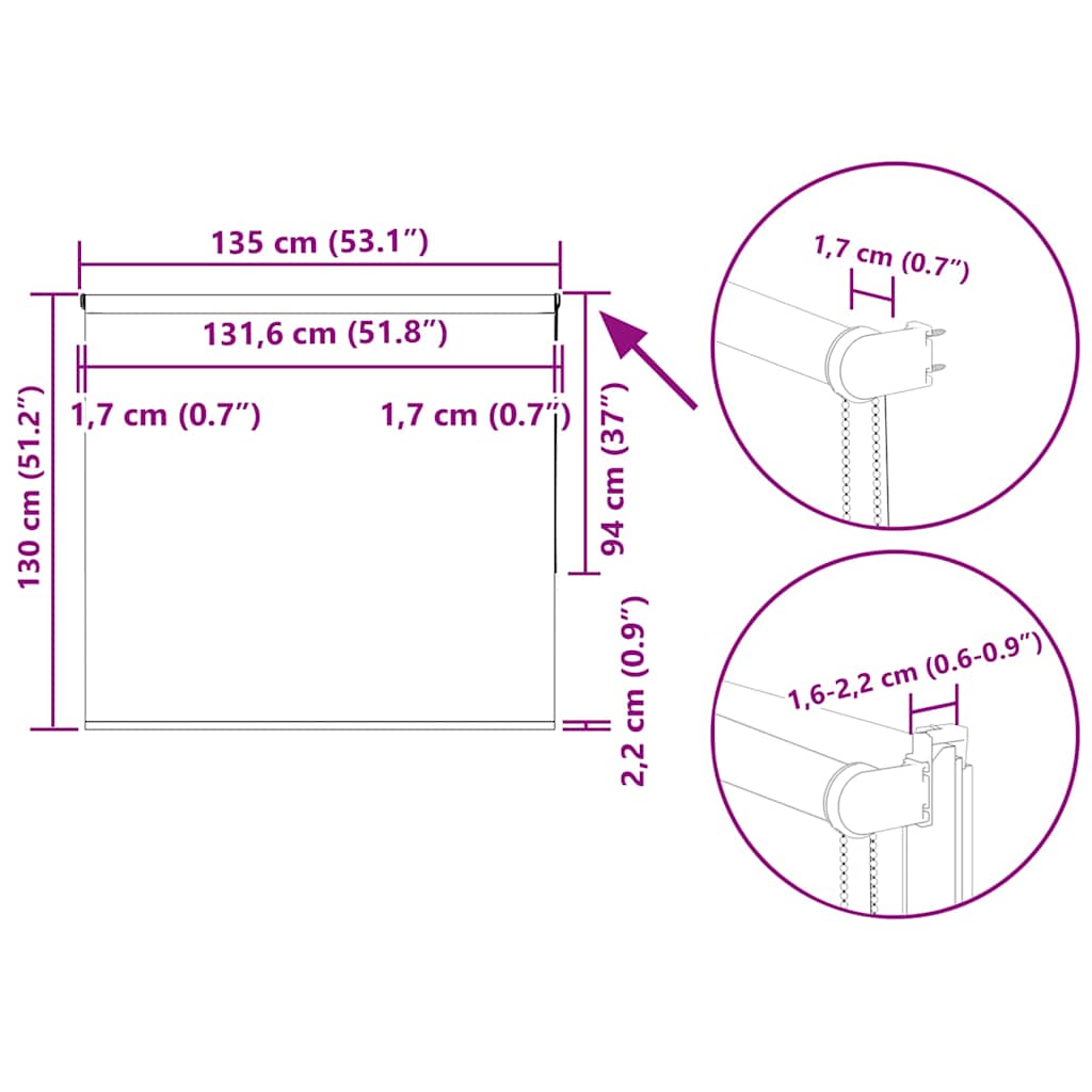 Tenda a Rullo Oscurante 135x130 cm Larghezza Tessuto 131,6 cm