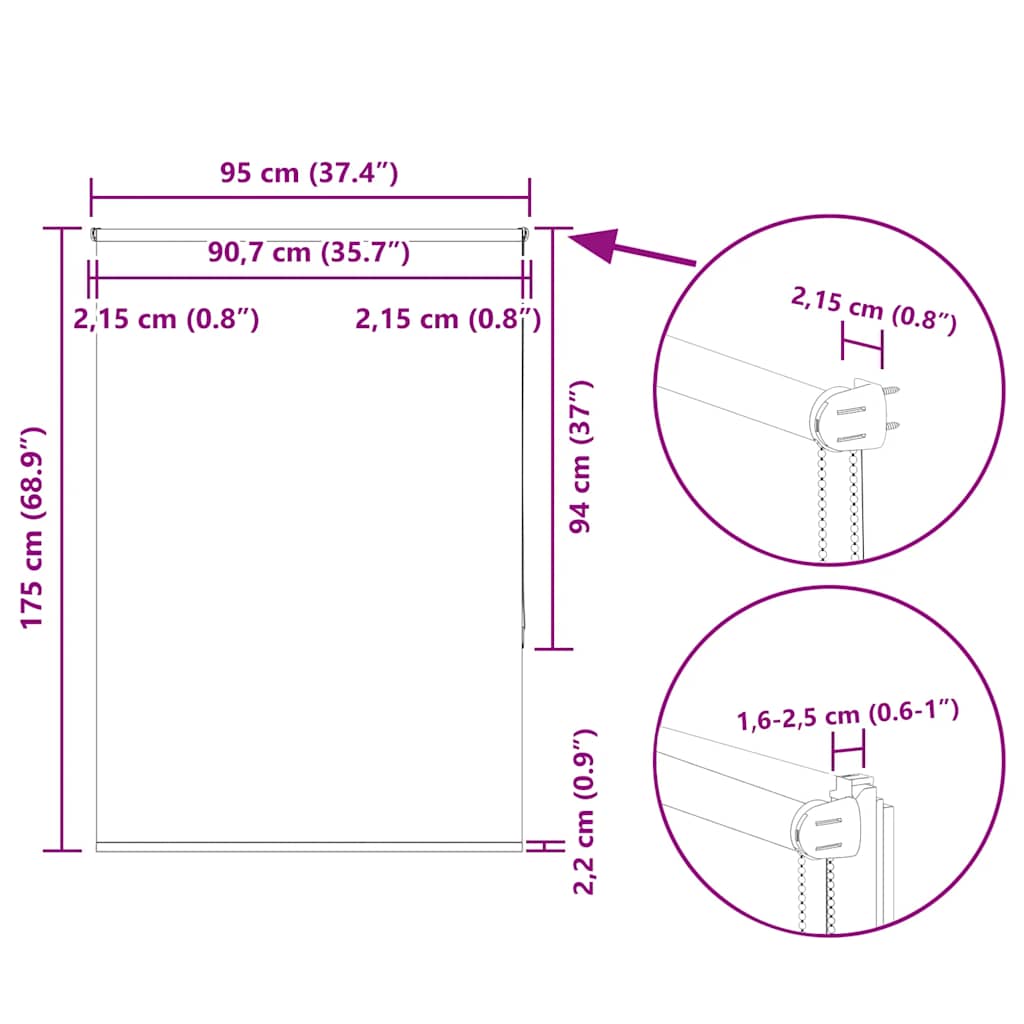 Tenda a Rullo Oscurante 95x175 cm Larghezza Tessuto 90,7 cm