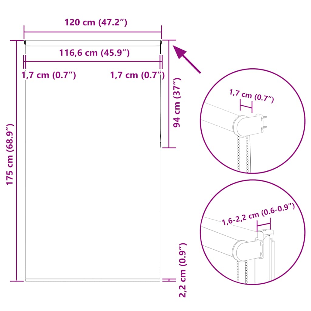 Tenda a Rullo Oscurante 120x175 cm Larghezza Tessuto 116,6 cm
