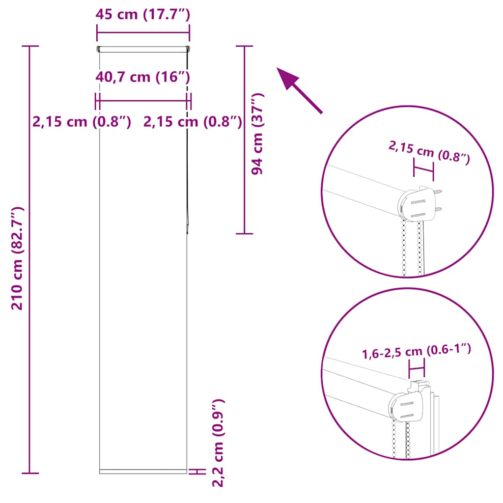 Tenda a Rullo Oscurante 45x210 cm Larghezza Tessuto 40,7 cm