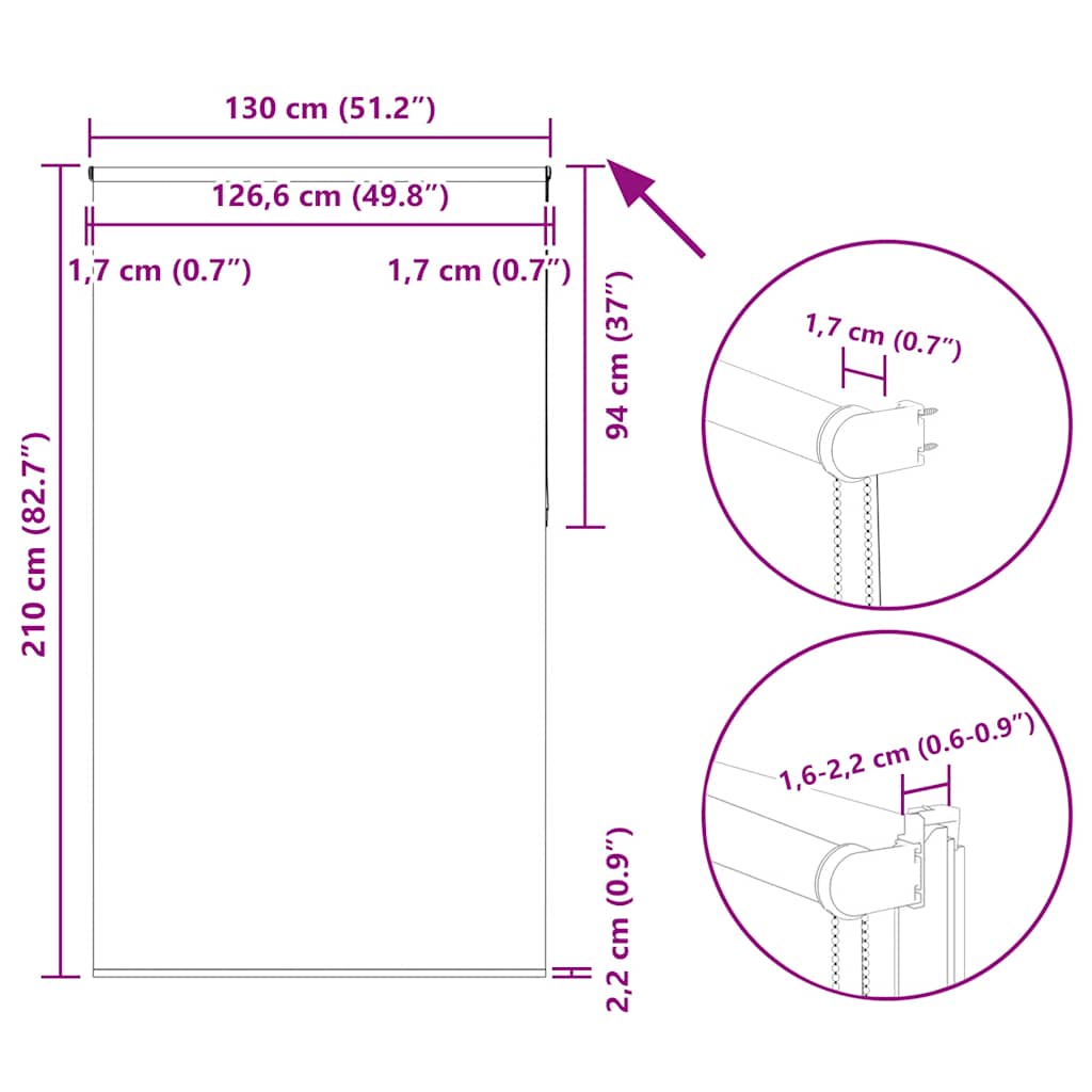 Tenda a Rullo Oscurante 130x210 cm Larghezza Tessuto 126,6 cm