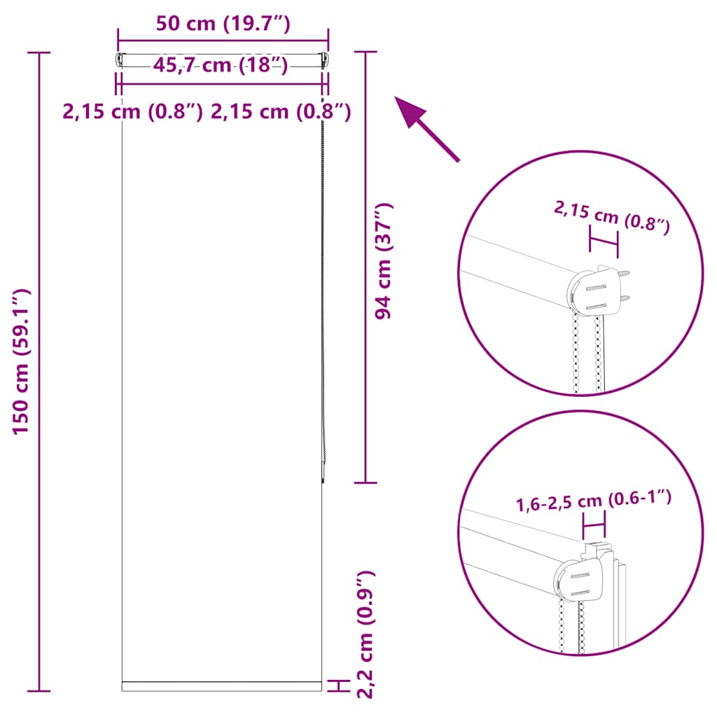 Tenda a Rullo Oscurante 50x150 cm Larghezza Tessuto 45,7 cm