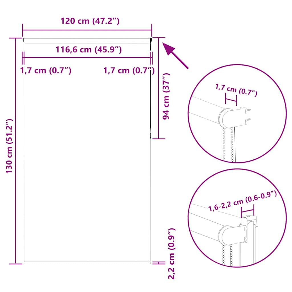 Tenda a Rullo Oscurante 120x130 cm Larghezza Tessuto 116,6 cm