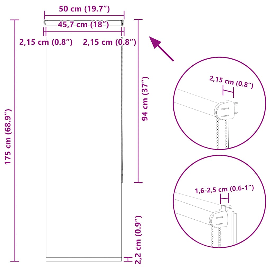 Tenda a Rullo Oscurante 50x175 cm Larghezza Tessuto 45,7 cm