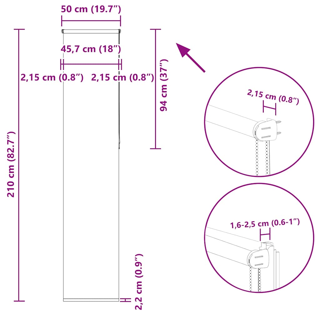Tenda a Rullo Oscurante 50x210 cm Larghezza Tessuto 45,7 cm