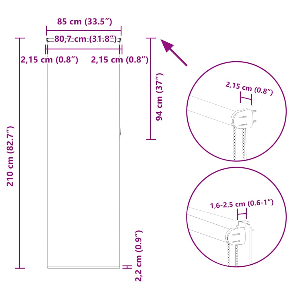 Tenda a Rullo Oscurante 85x210 cm Larghezza Tessuto 80,7 cm