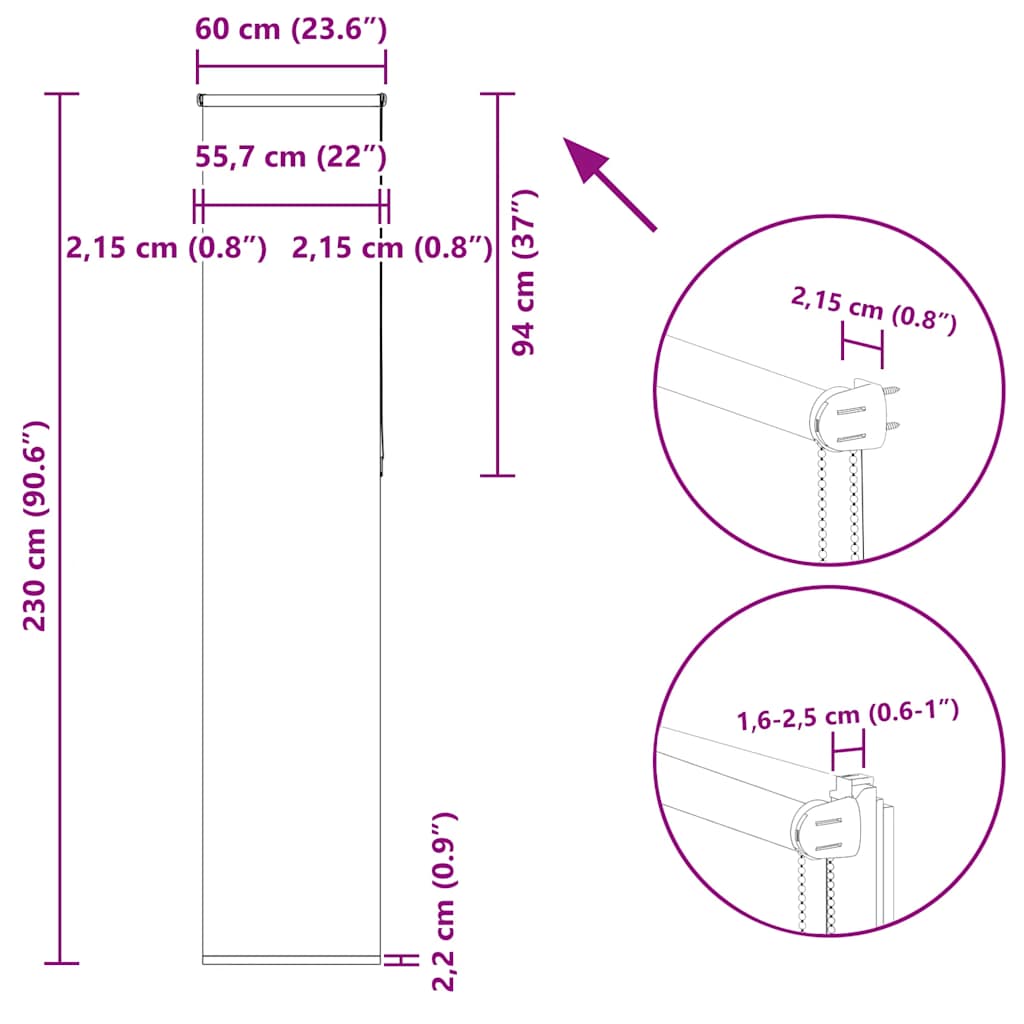 Tenda a Rullo Oscurante 60x230 cm Larghezza Tessuto 55,7 cm