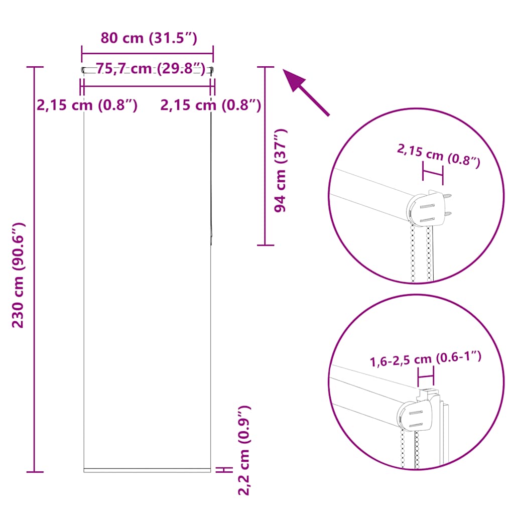 Tenda a Rullo Oscurante 80x230 cm Larghezza Tessuto 75,7 cm