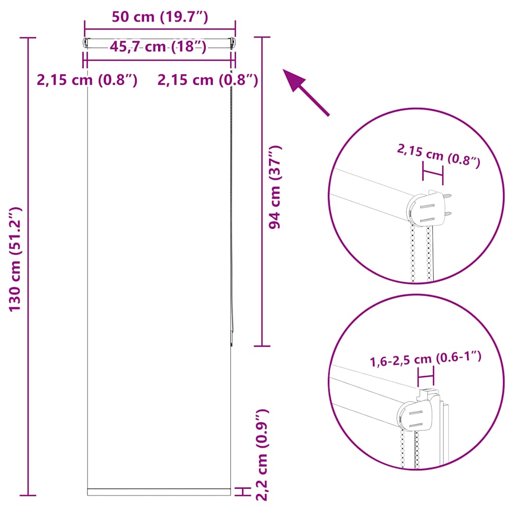 Tenda a Rullo Oscurante 50x130 cm Larghezza Tessuto 45,7 cm