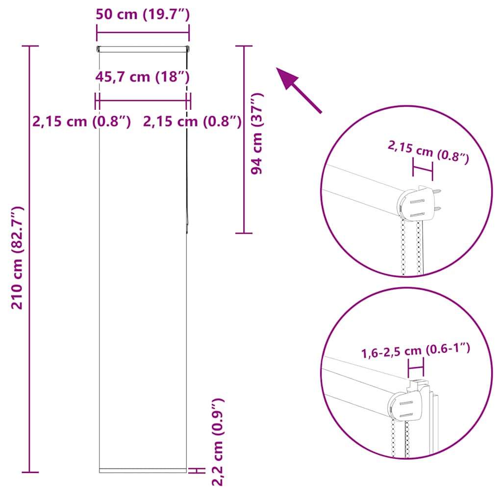 Tenda a Rullo Oscurante 50x210 cm Larghezza Tessuto 45,7 cm