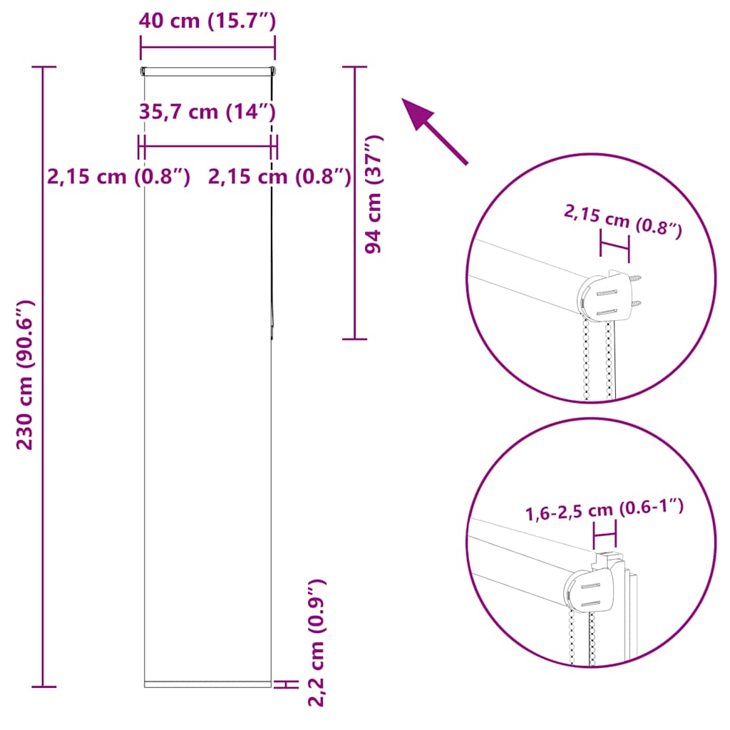 Tenda a Rullo Oscurante 40x230 cm Larghezza Tessuto 35,7 cm