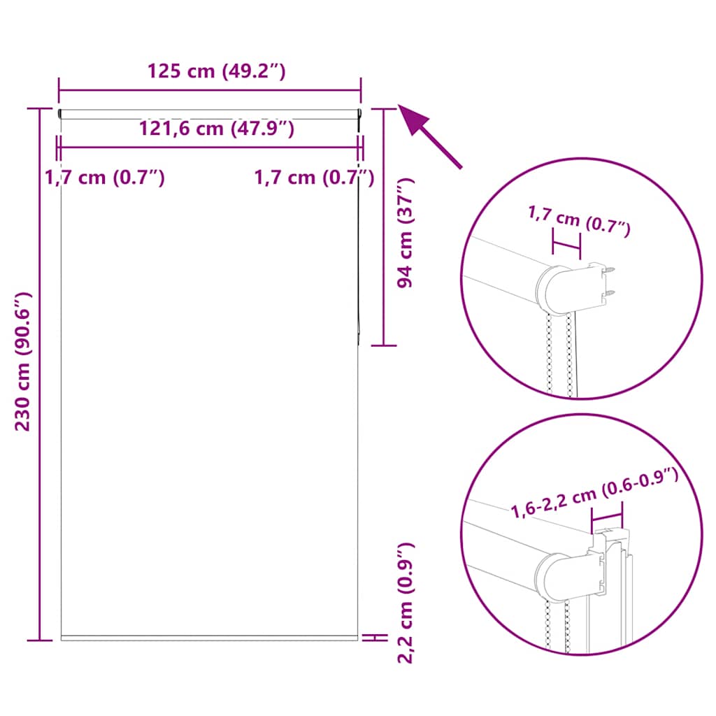Tenda a Rullo Oscurante 125x230 cm Larghezza Tessuto 121,6 cm