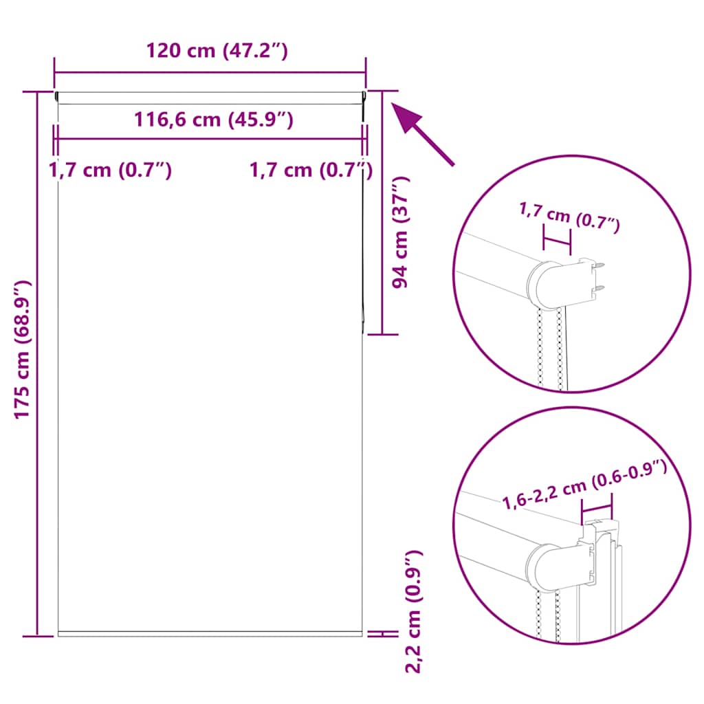 Tenda a Rullo Oscurante 120x175 cm Larghezza Tessuto 116,6 cm