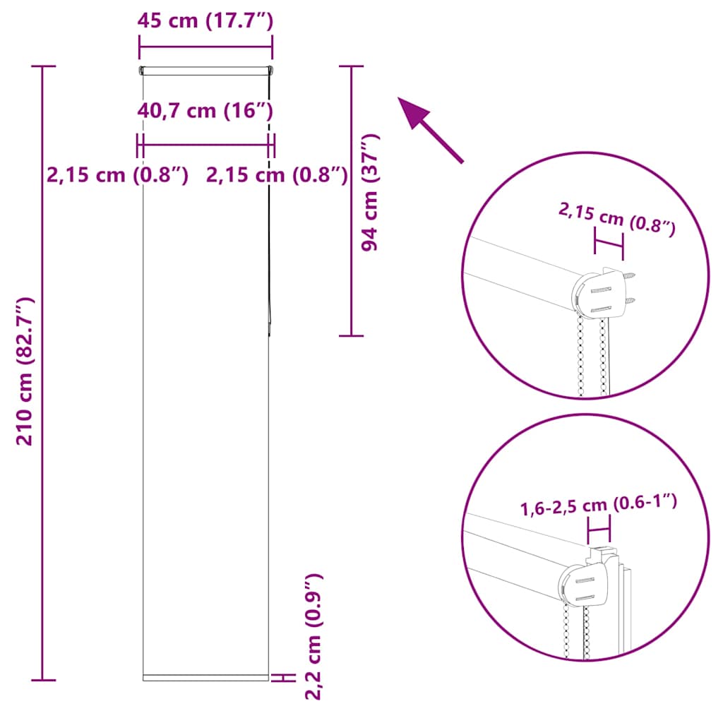 Tenda a Rullo Oscurante 45x210 cm Larghezza Tessuto 40,7 cm