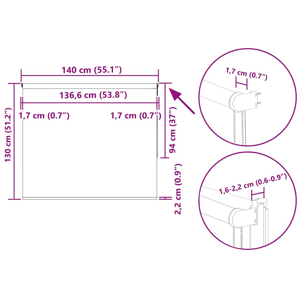 Tenda a Rullo Oscurante 140x130 cm Larghezza Tessuto 136,6 cm