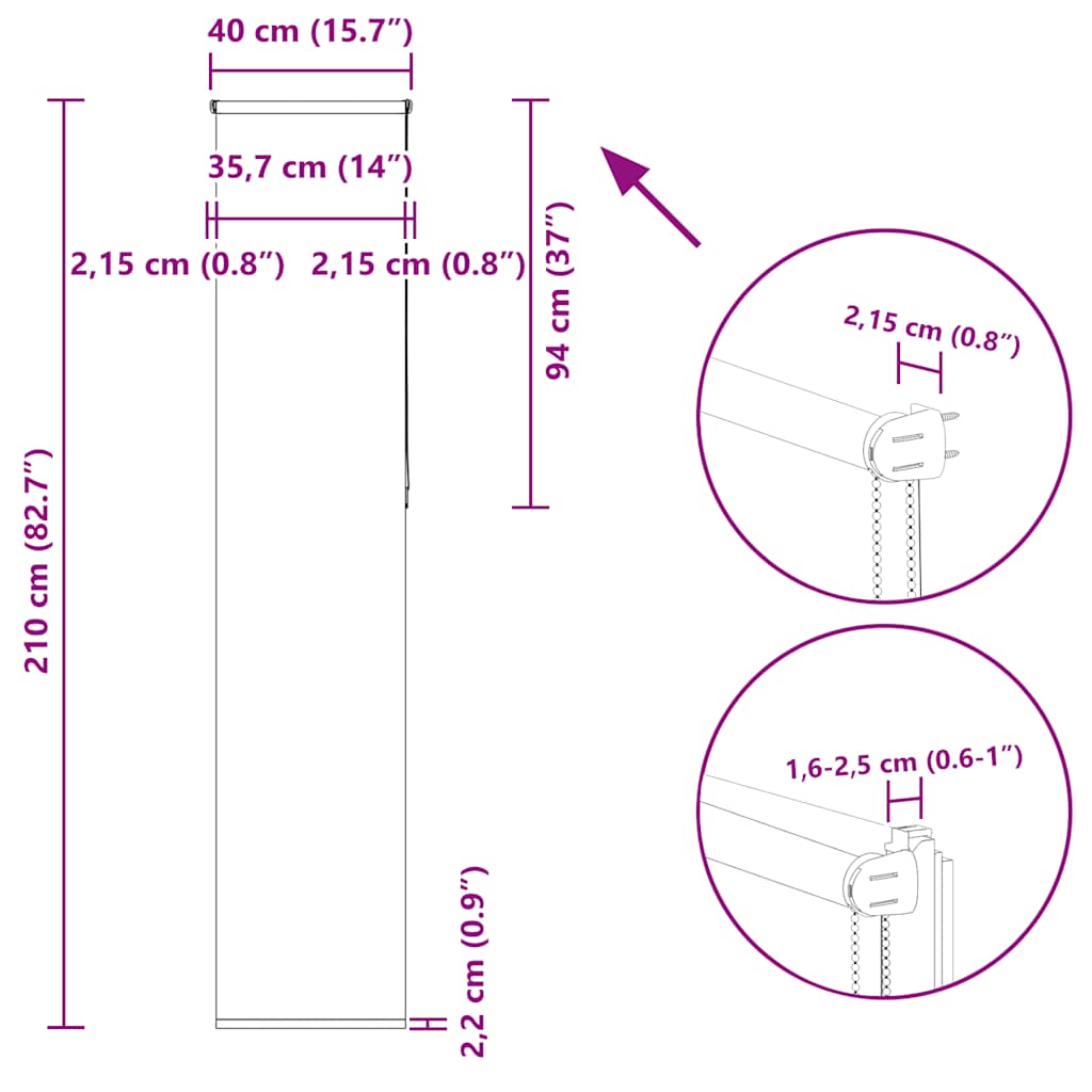 Tenda a Rullo Oscurante 40x210 cm Larghezza Tessuto 35,7 cm