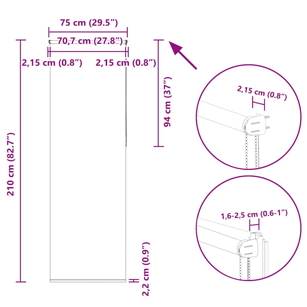 Tenda a Rullo Oscurante 75x210 cm Larghezza Tessuto 70,7 cm