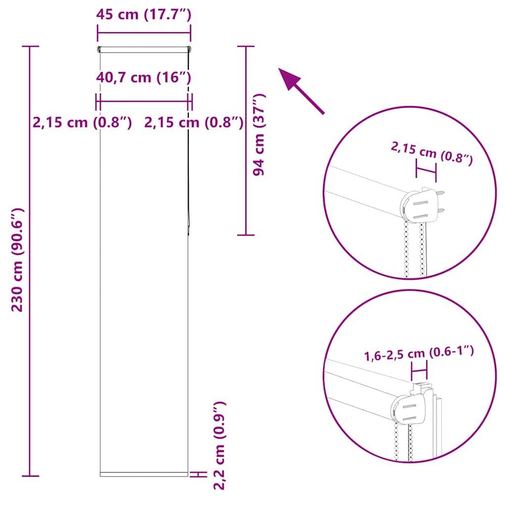 Tenda a Rullo Oscurante 45x230 cm Larghezza Tessuto 40,7 cm
