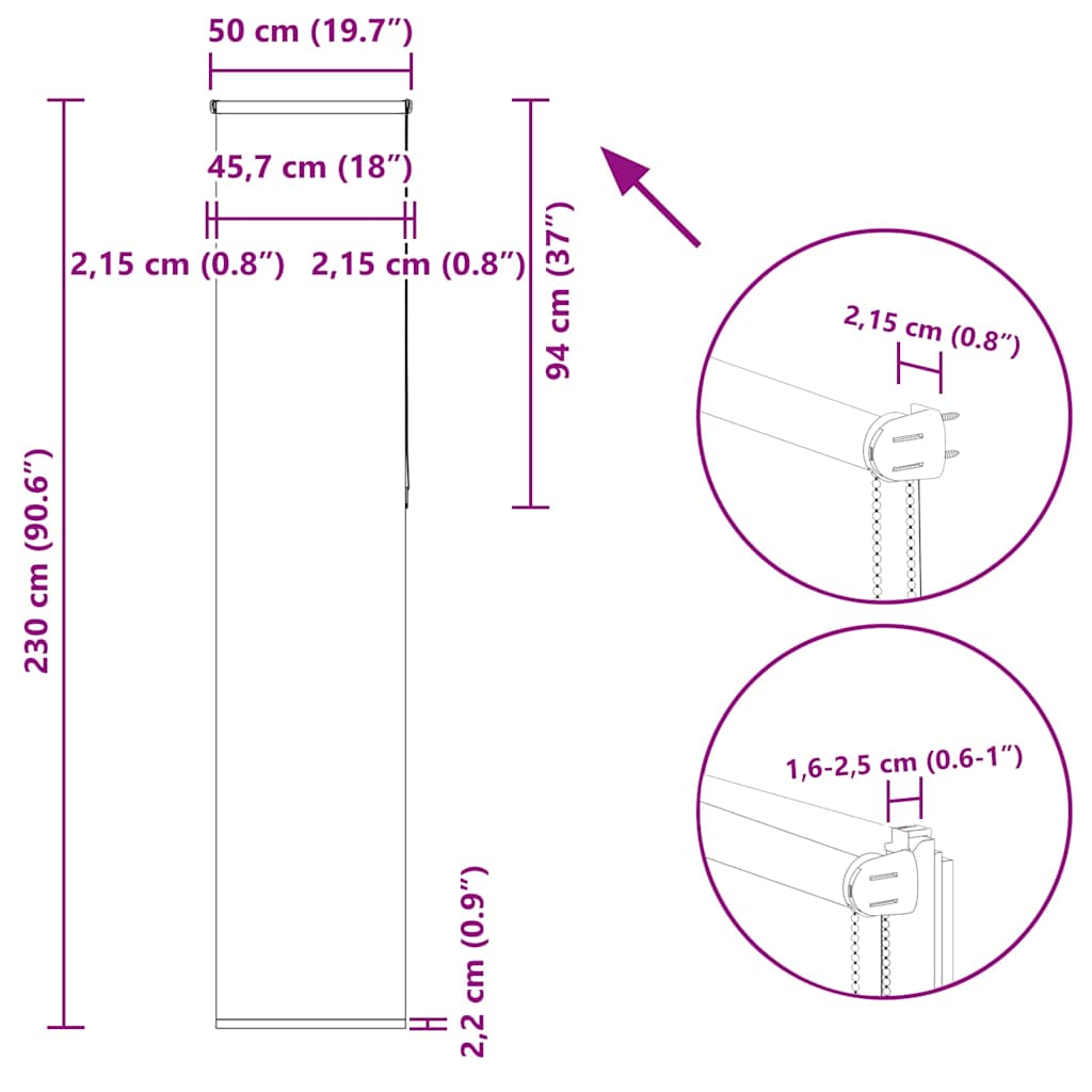 Tenda a Rullo Oscurante 50x230 cm Larghezza Tessuto 45,7 cm
