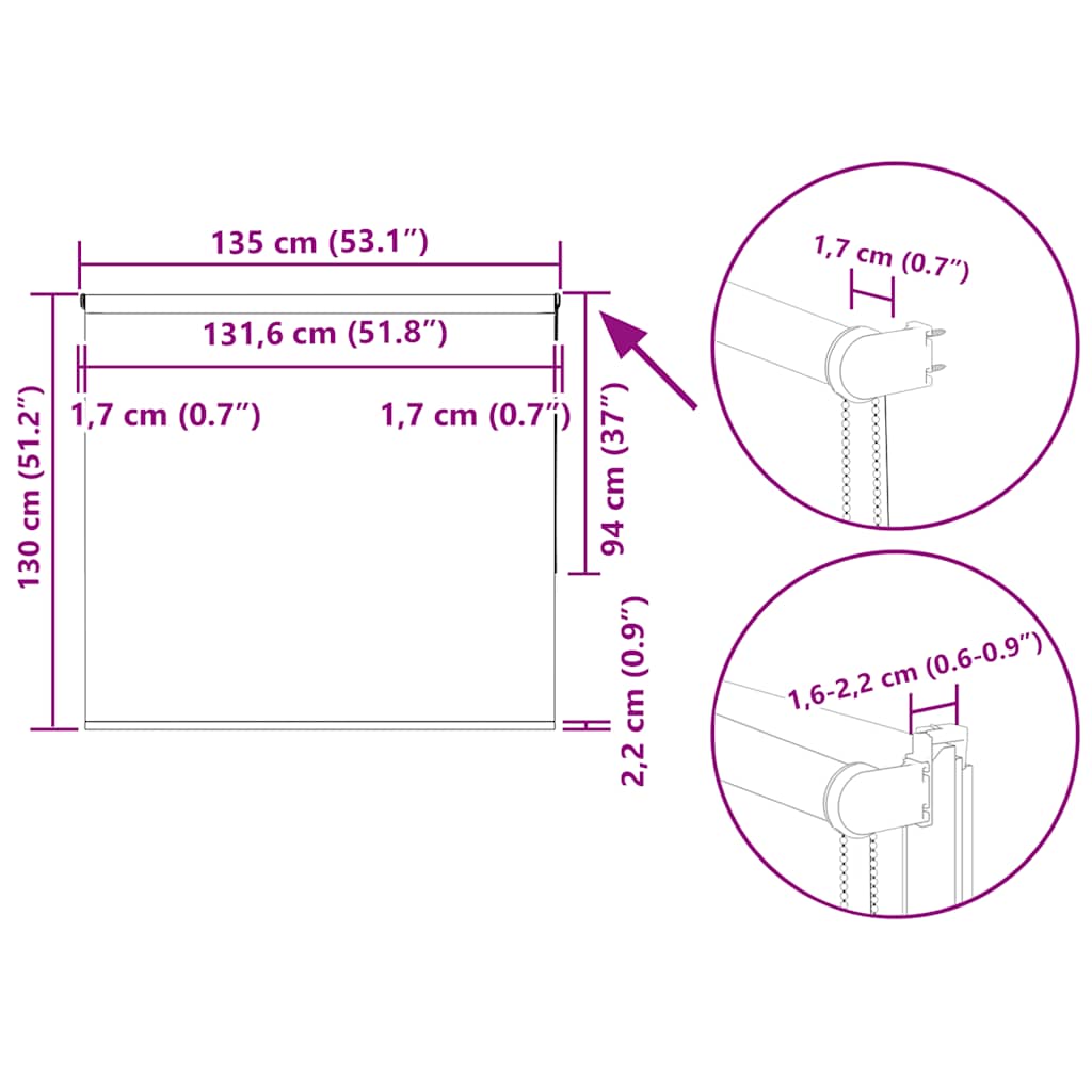 Tenda a Rullo Oscurante 135x130 cm Larghezza Tessuto 131,6 cm