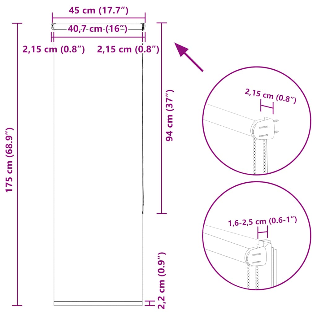 Tenda a Rullo Oscurante 45x175 cm Larghezza Tessuto 40,7 cm