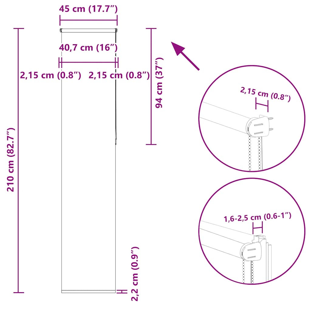 Tenda a Rullo Oscurante 45x210 cm Larghezza Tessuto 40,7 cm