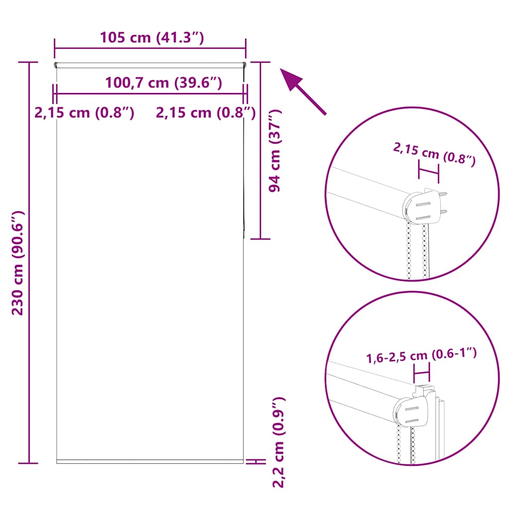 Tenda a Rullo Oscurante 105x230 cm Larghezza Tessuto 100,7 cm