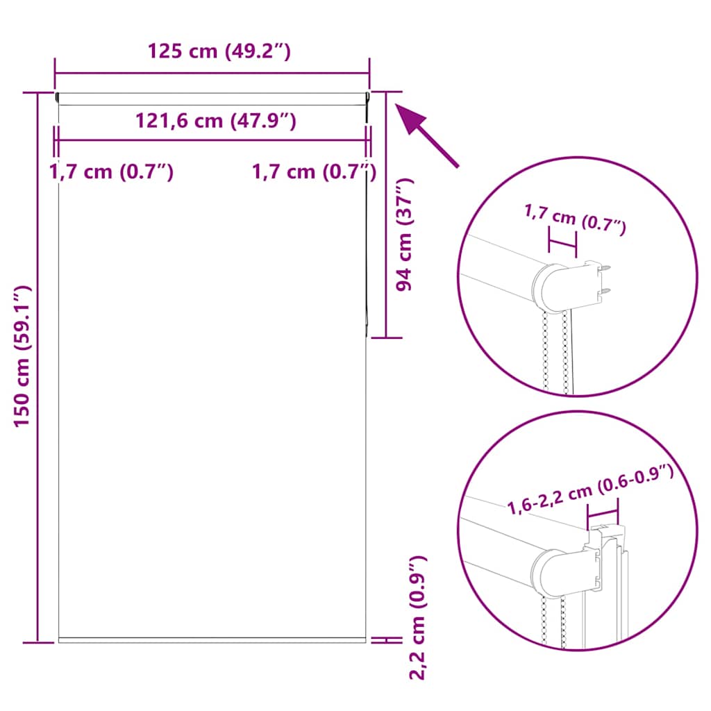 Tenda a Rullo Oscurante 125x150 cm Larghezza Tessuto 121,6 cm