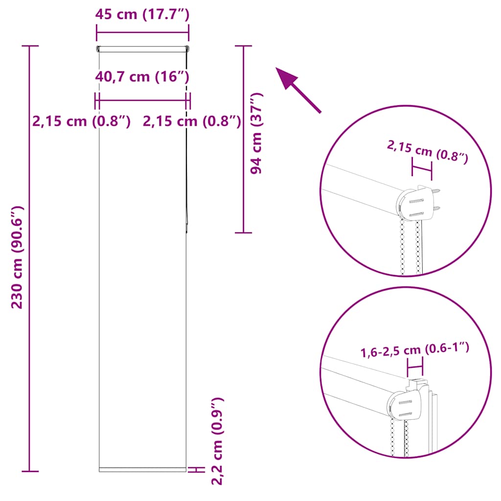 Tenda a Rullo Oscurante 45x230 cm Larghezza Tessuto 40,7 cm