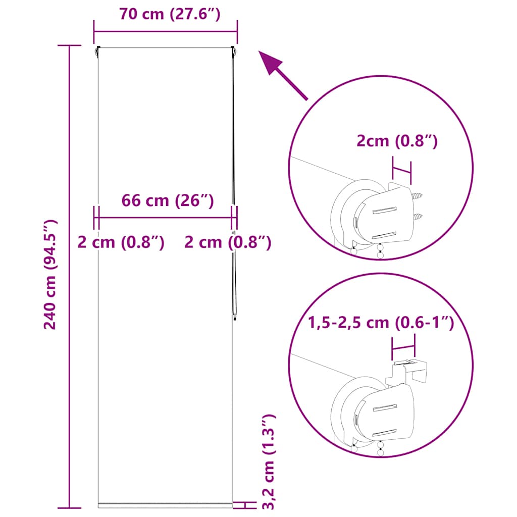 Tenda a Rullo Doccia 70x240 cm Larghezza Tessuto 66 cm