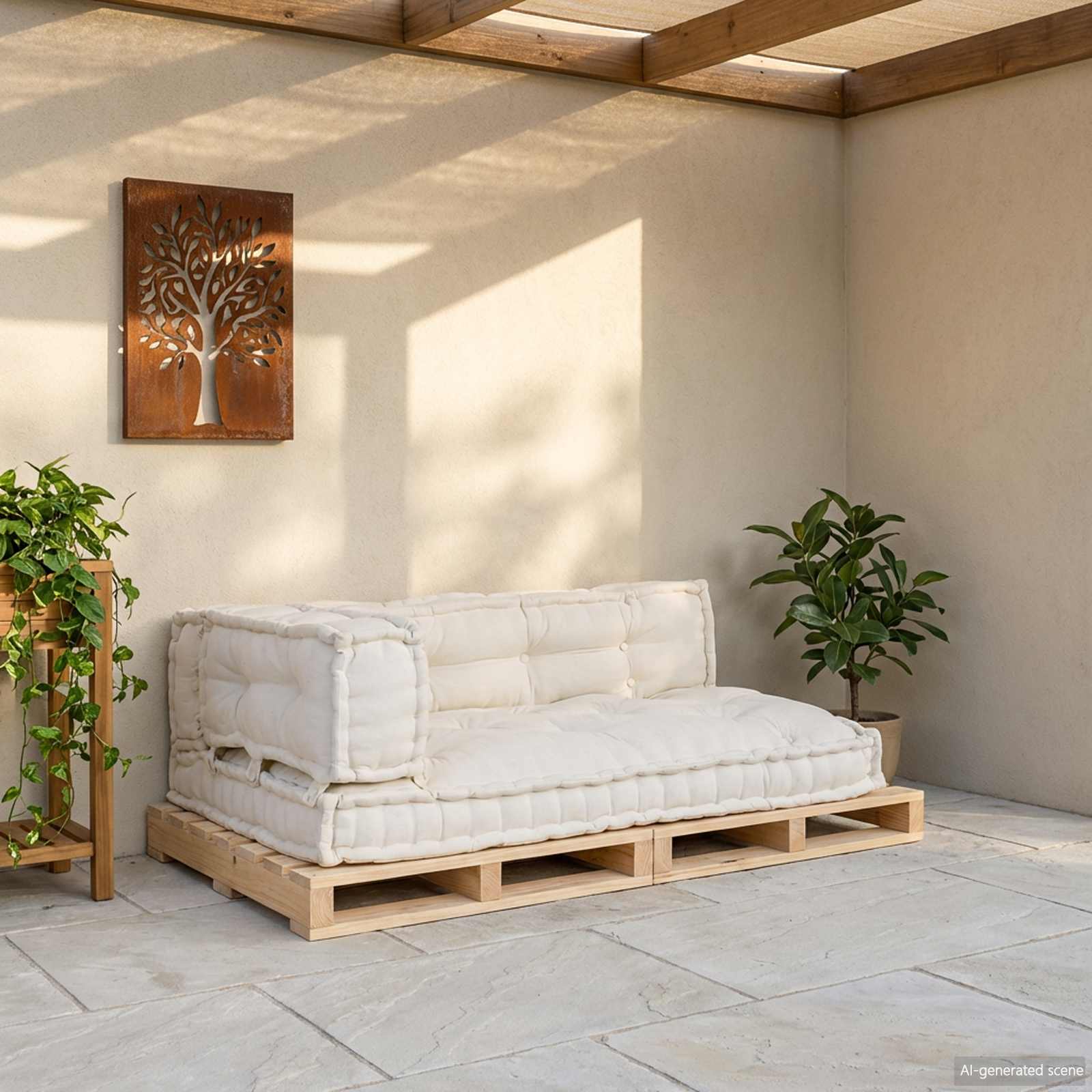 Cuscino per Divano Pallet 3 pz Tessuto Crema 120 x 80 x 34 cm