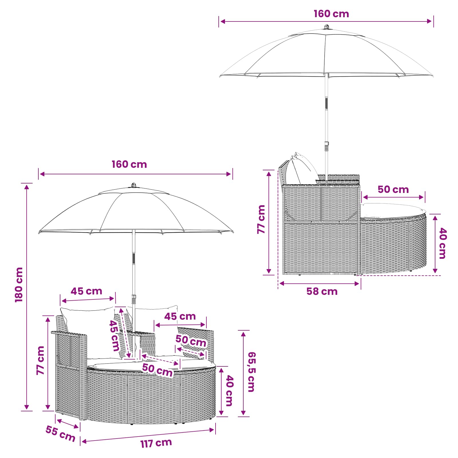 Lettino da Giardino con Ombrellone Marrone in Polyrattan