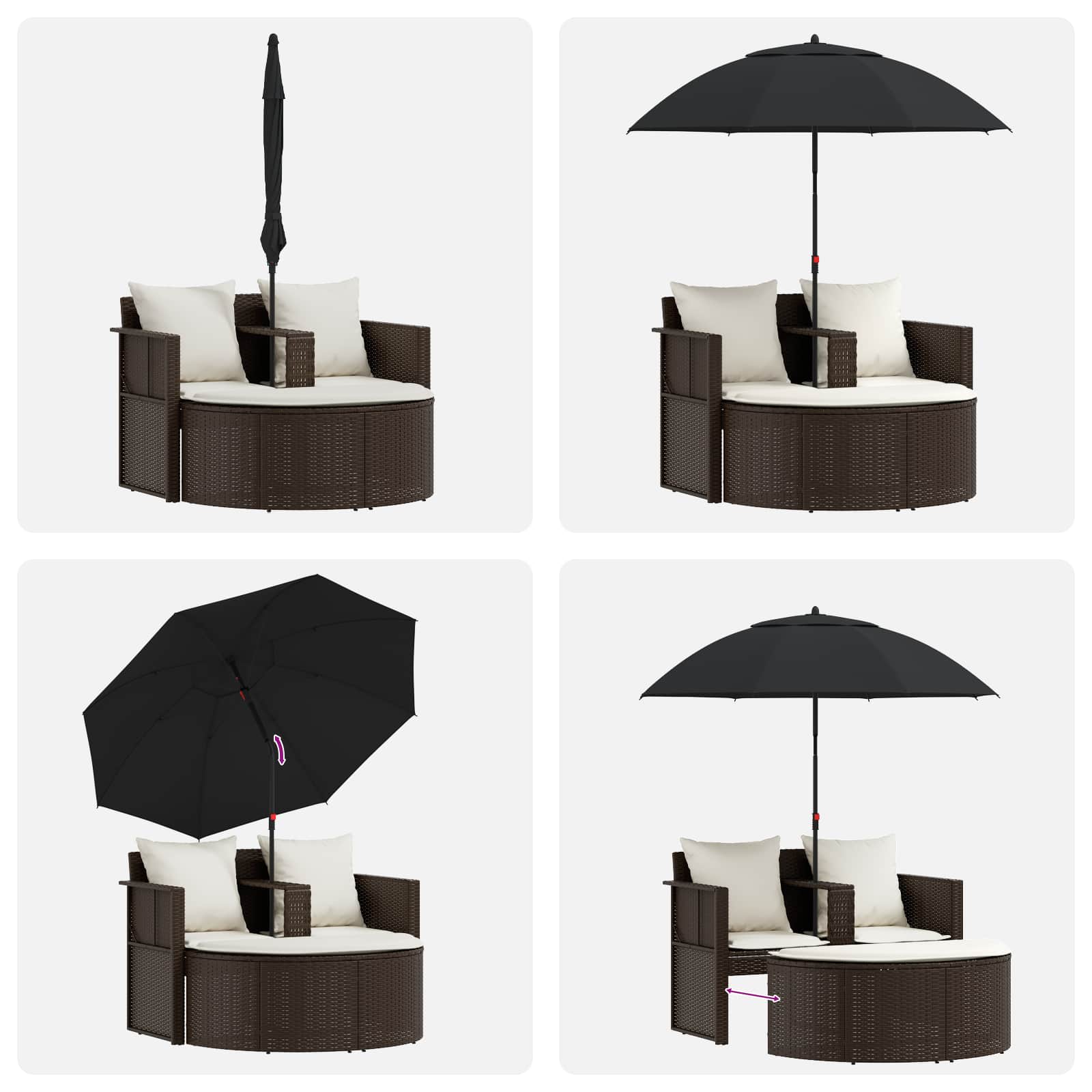 Lettino da Giardino con Ombrellone Marrone in Polyrattan