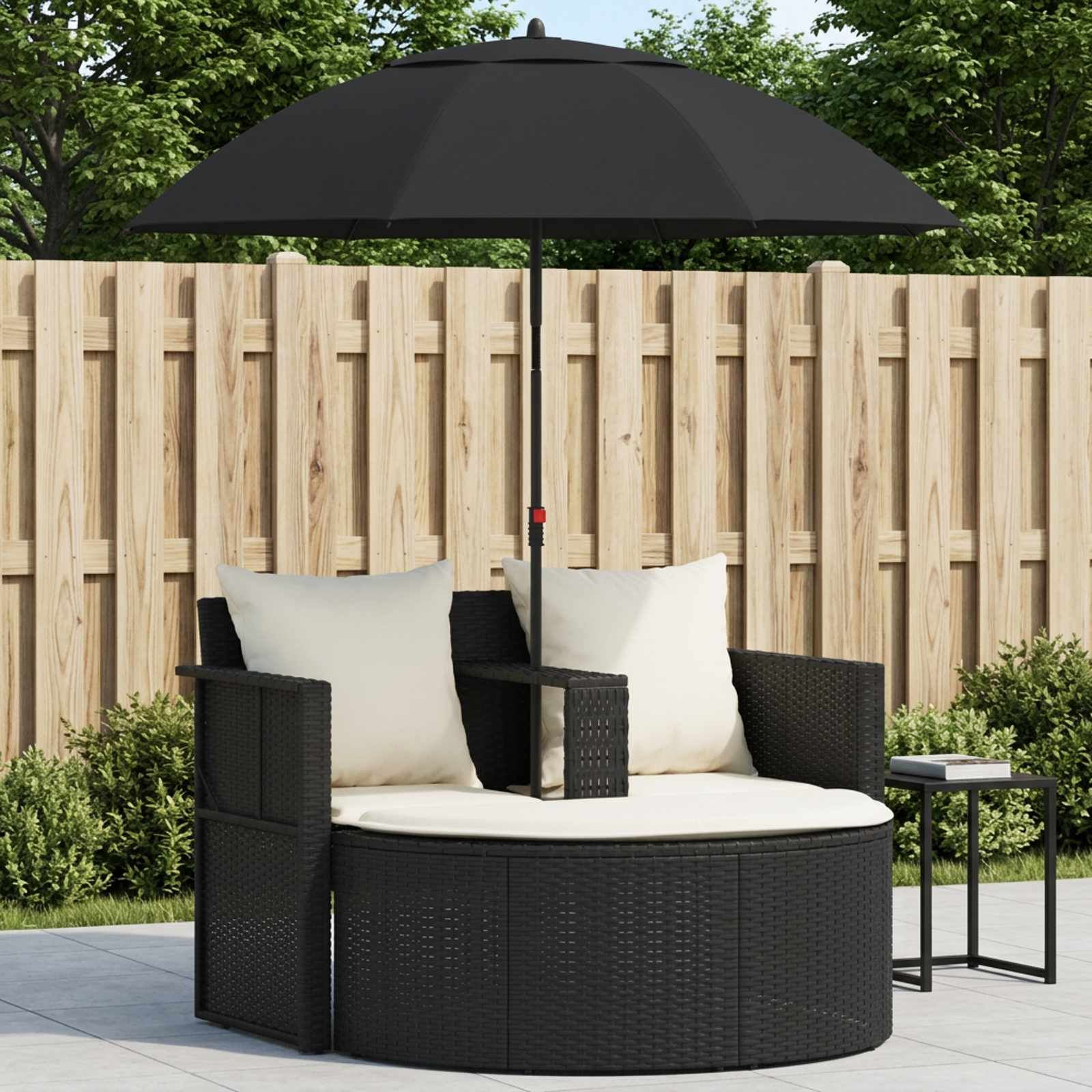 Lettino da Giardino con Ombrellone Nero in Polyrattan